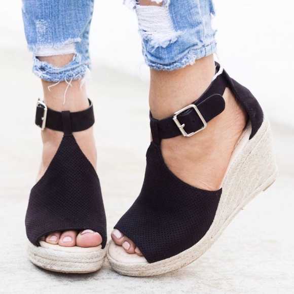Shoes - Faux Leather Black Espadrille Wedge Sandal, Sz 9.5